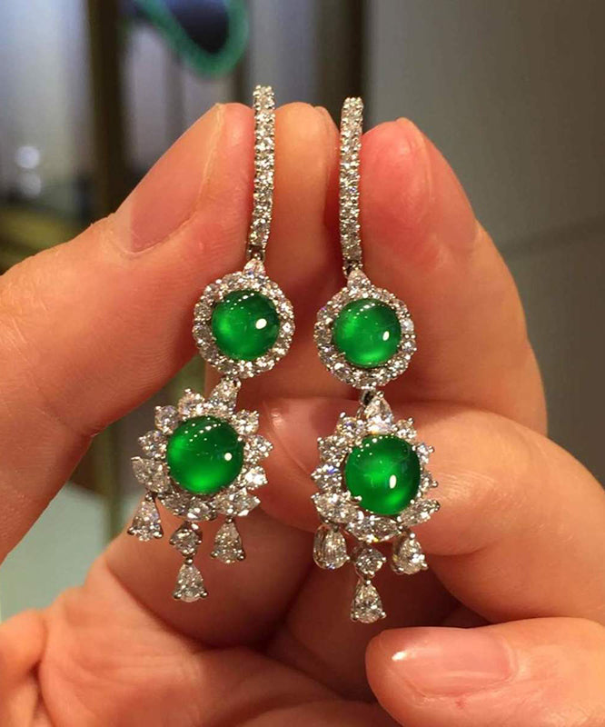 Women Sterling Silver Inlaid Zircon Jade Tassel Drop Earrings