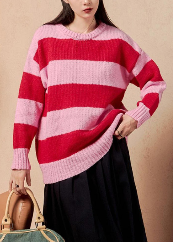 Women Striped O Neck Cozy Patchwork Knit Sweater Winter