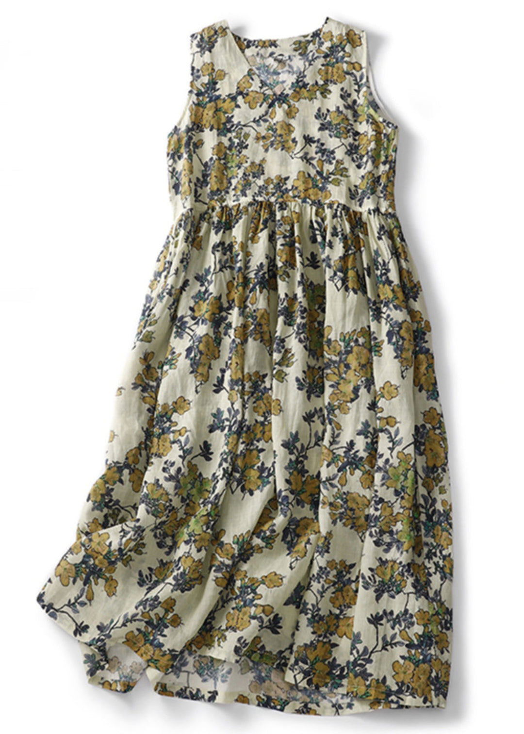 Women V Neck Print High Waist Linen Dresses Sleeveless