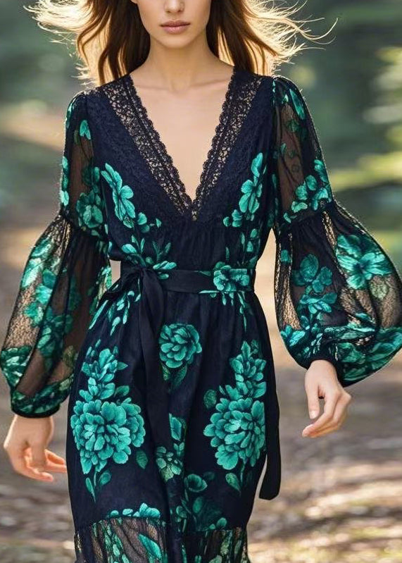 Women V Neck Print Lace Patchwork Tie Waist Chiffon Dress Spring