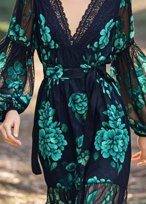 Women V Neck Print Lace Patchwork Tie Waist Chiffon Dress Spring