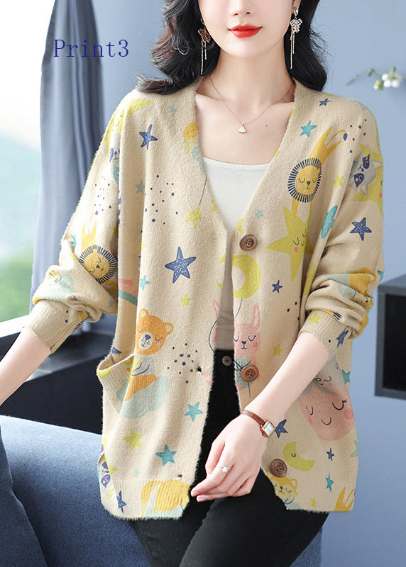 Women V Neck Print Pockets Woolen Cardigans Spring