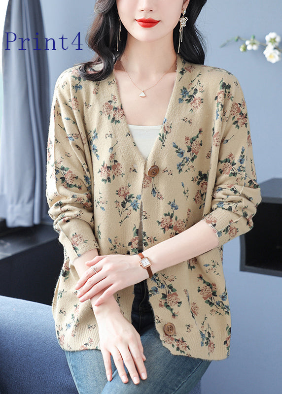 Women V Neck Print Pockets Woolen Cardigans Spring