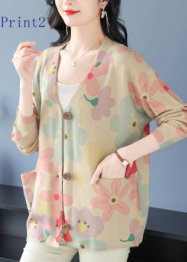 Women V Neck Print Pockets Woolen Cardigans Spring