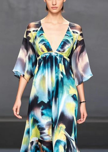 Women V Neck Tie Dye Side Open Chiffon Party Dresses Summer