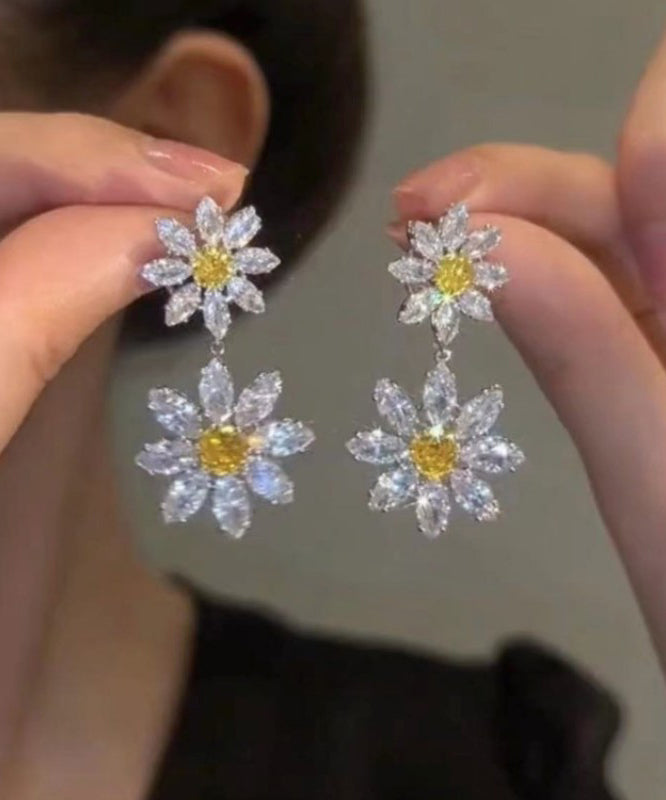 Women White Alloy Crystal Zircon Floral Drop Earrings