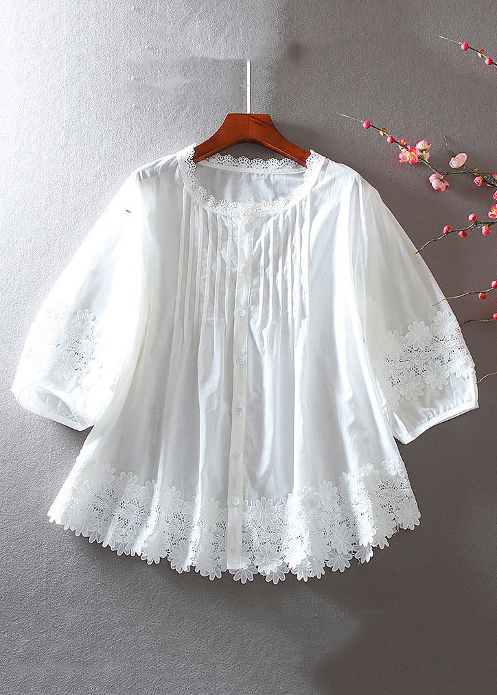 Women White Button Hollow Out Lace Patchwork Shirt Bracelet Sleeve