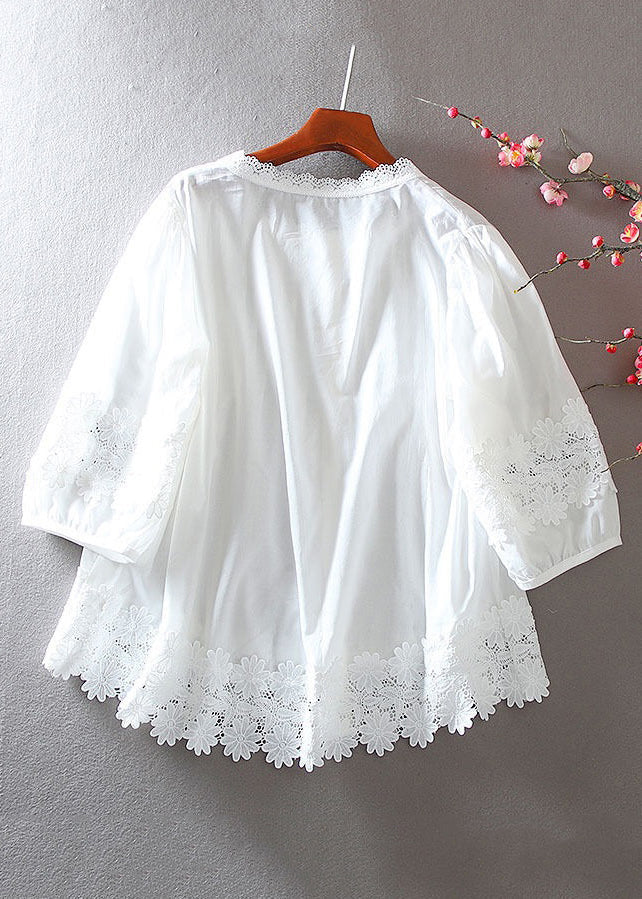 Women White Button Hollow Out Lace Patchwork Shirt Bracelet Sleeve