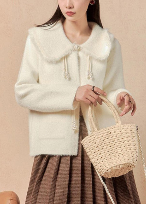 Women White Button Pockets Solid Mink Velvet Coats Winter