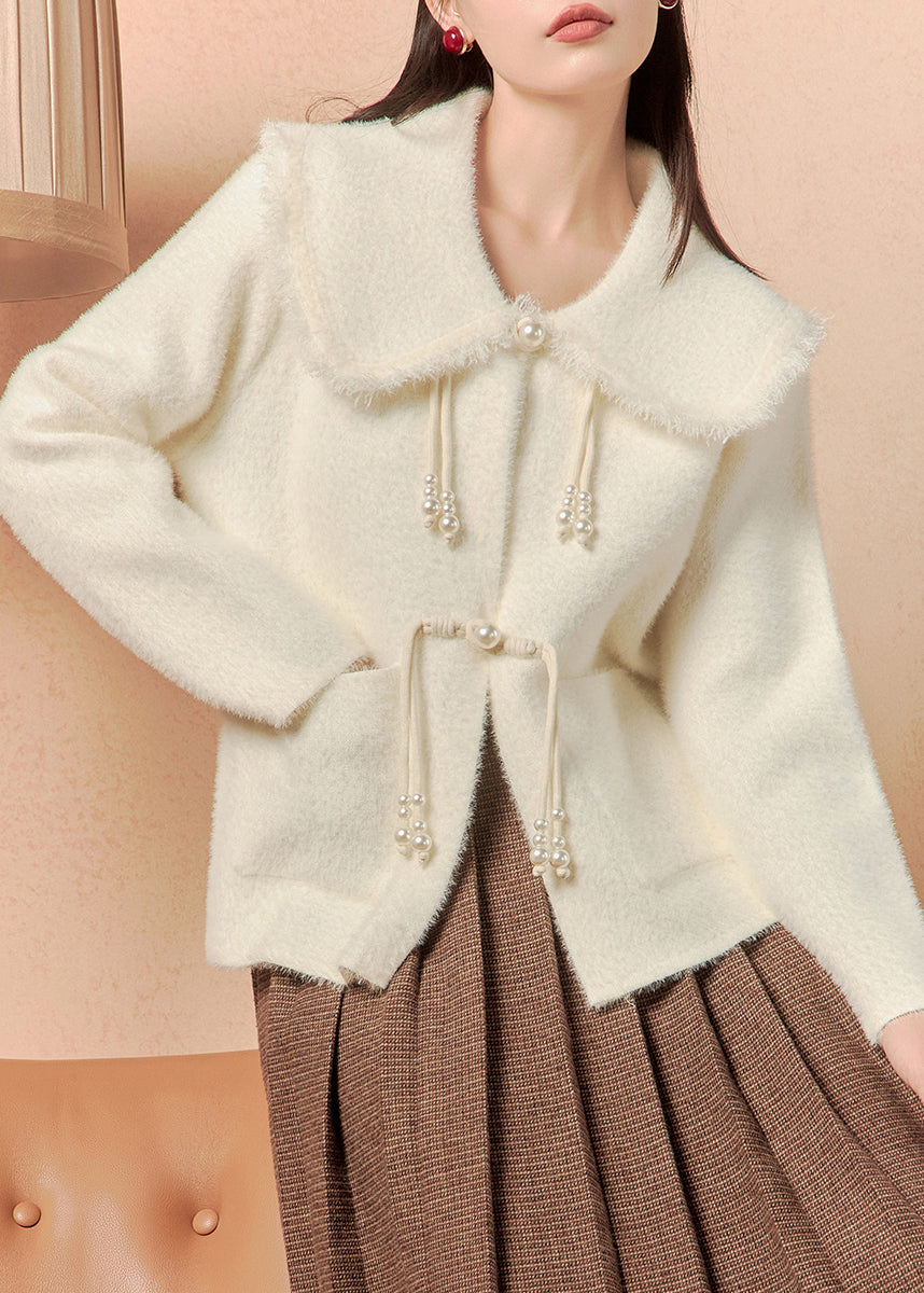 Women White Button Pockets Solid Mink Velvet Coats Winter