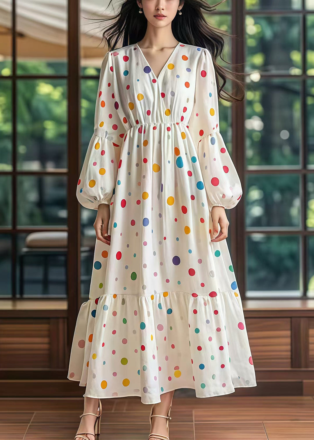 Women White Cinched Print Cotton Long Dress Lantern Sleeve