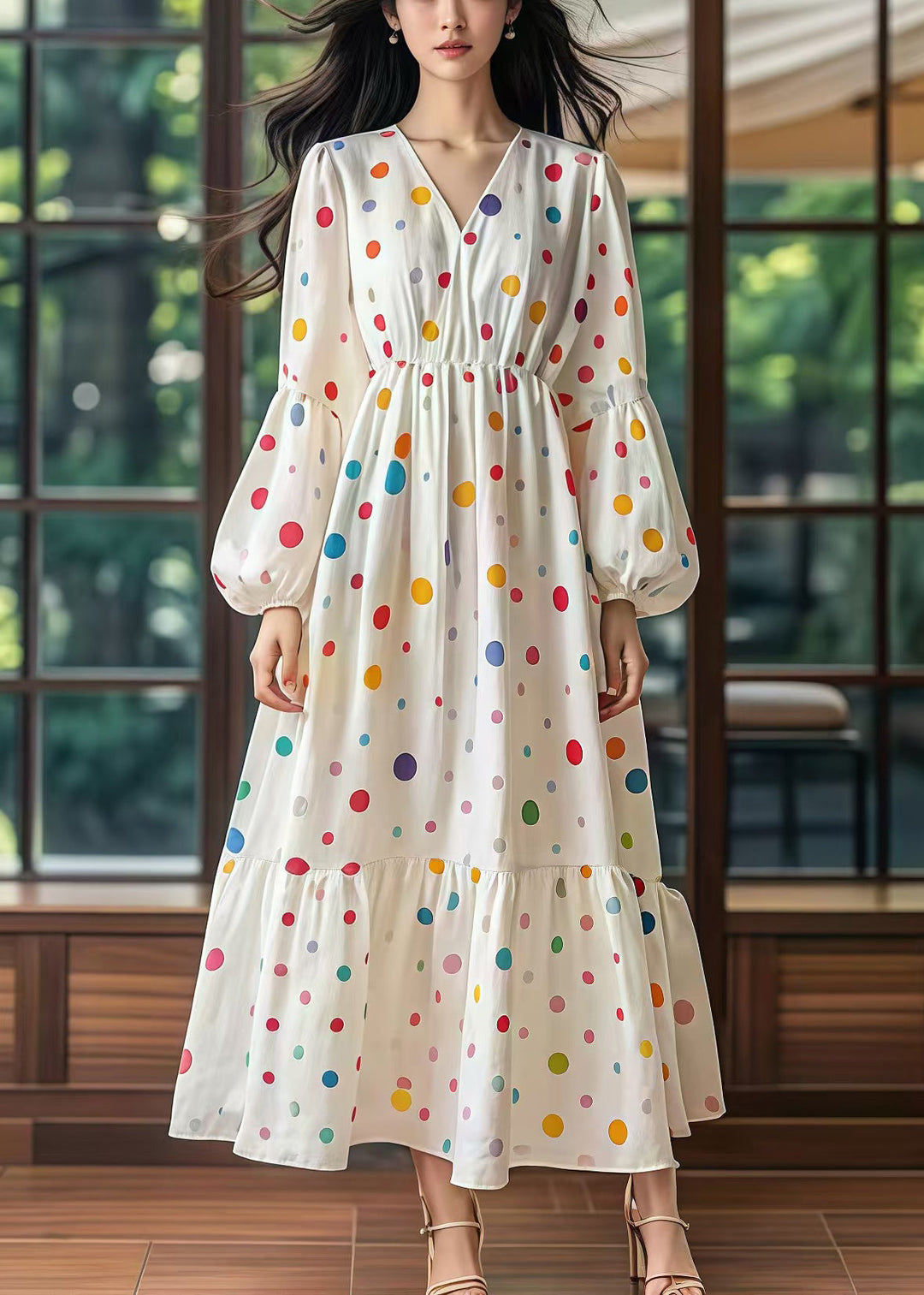 Women White Cinched Print Cotton Long Dress Lantern Sleeve