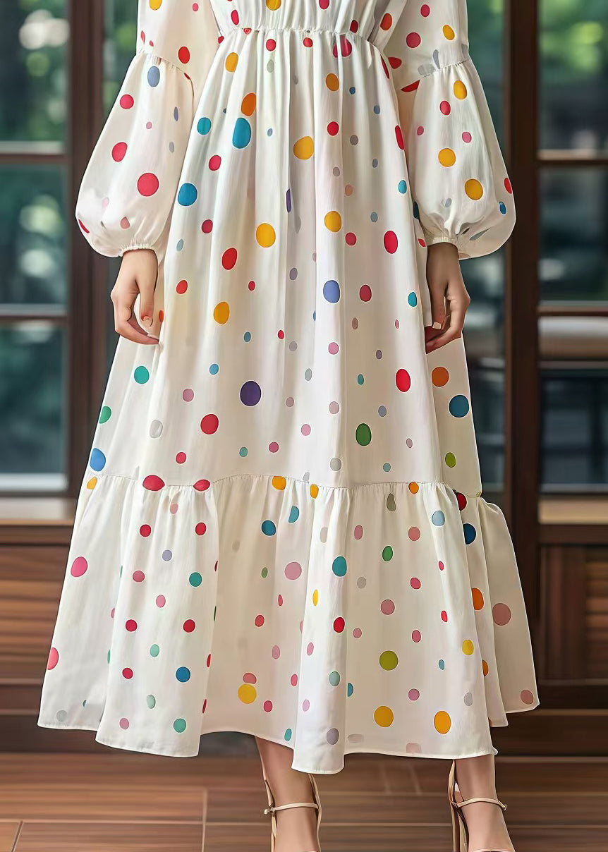 Women White Cinched Print Cotton Long Dress Lantern Sleeve