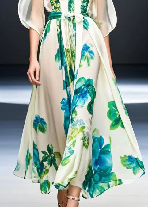 Women White Cold Shoulder Print Silk Maxi Dresses Summer