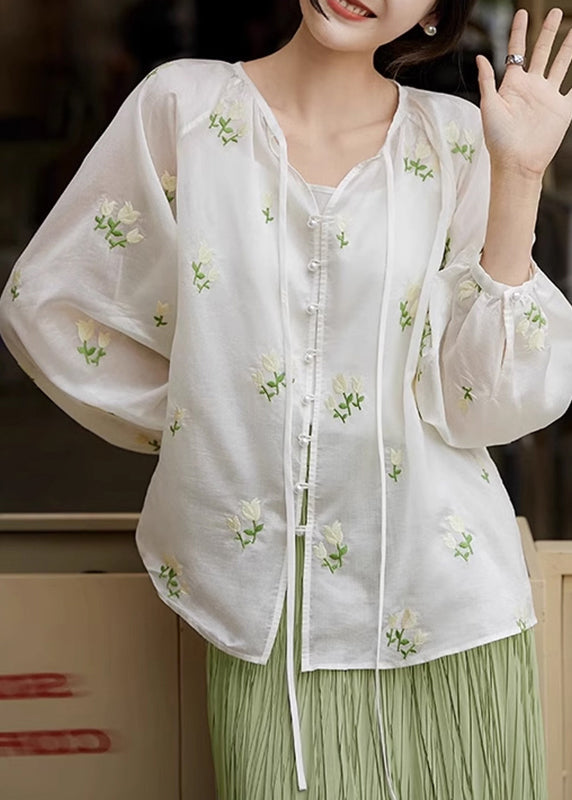 Women White Embroidered Lace Up Cotton Shirt Set Spring