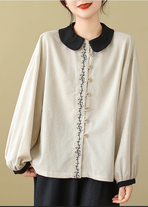 Women White Embroidered Patchwork Linen Shirts Spring