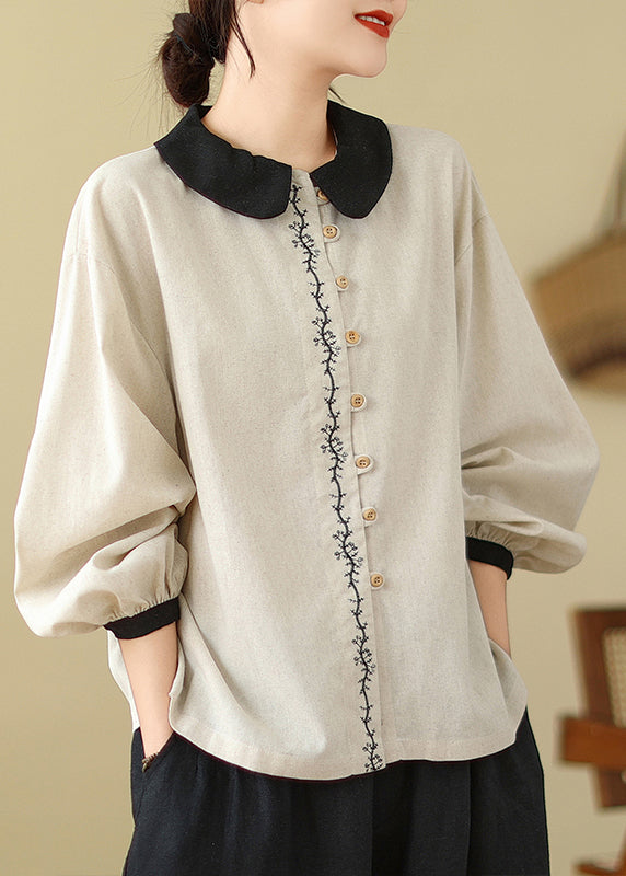 Women White Embroidered Patchwork Linen Shirts Spring