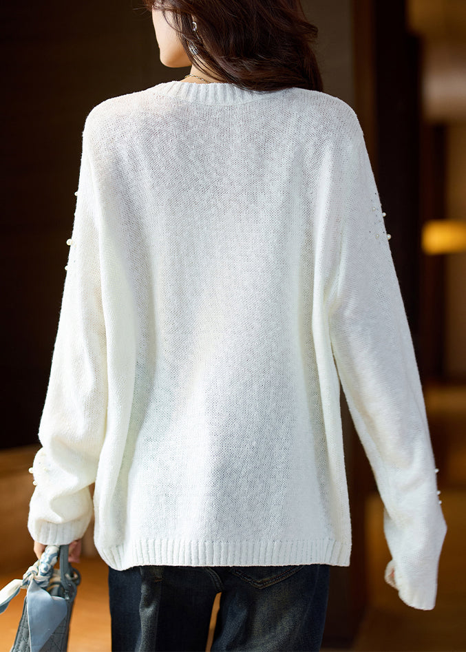 Women White O Neck Pearl Zircon Knit Sweater Spring