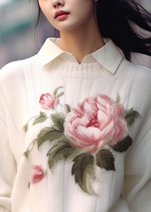 Women White O Neck Print Cozy Knit Sweaters Fall