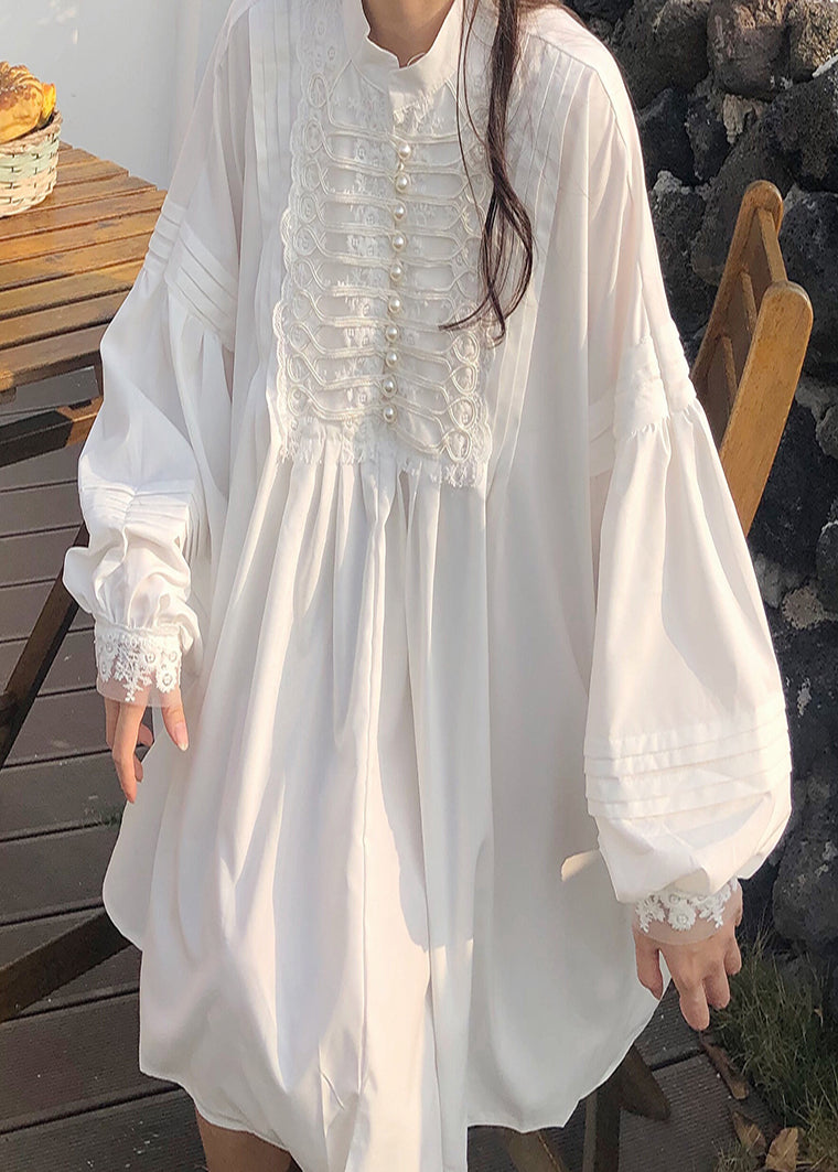 Women White Oversized Nail Bead Cotton Mini Dress Spring