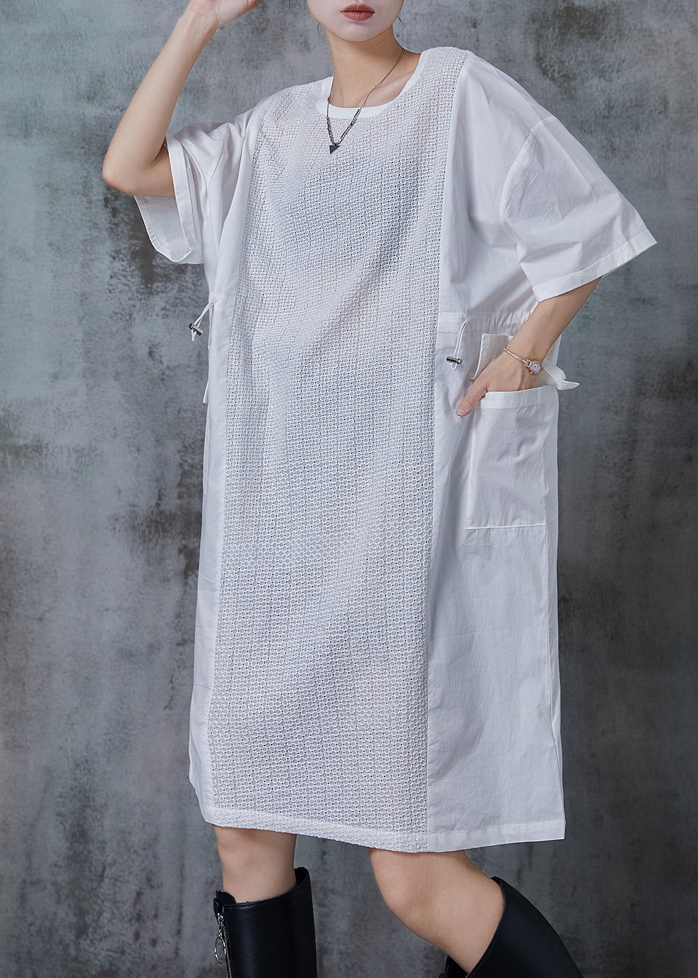 Women White Oversized Patchwork Drawstring Maxi Dress Summer