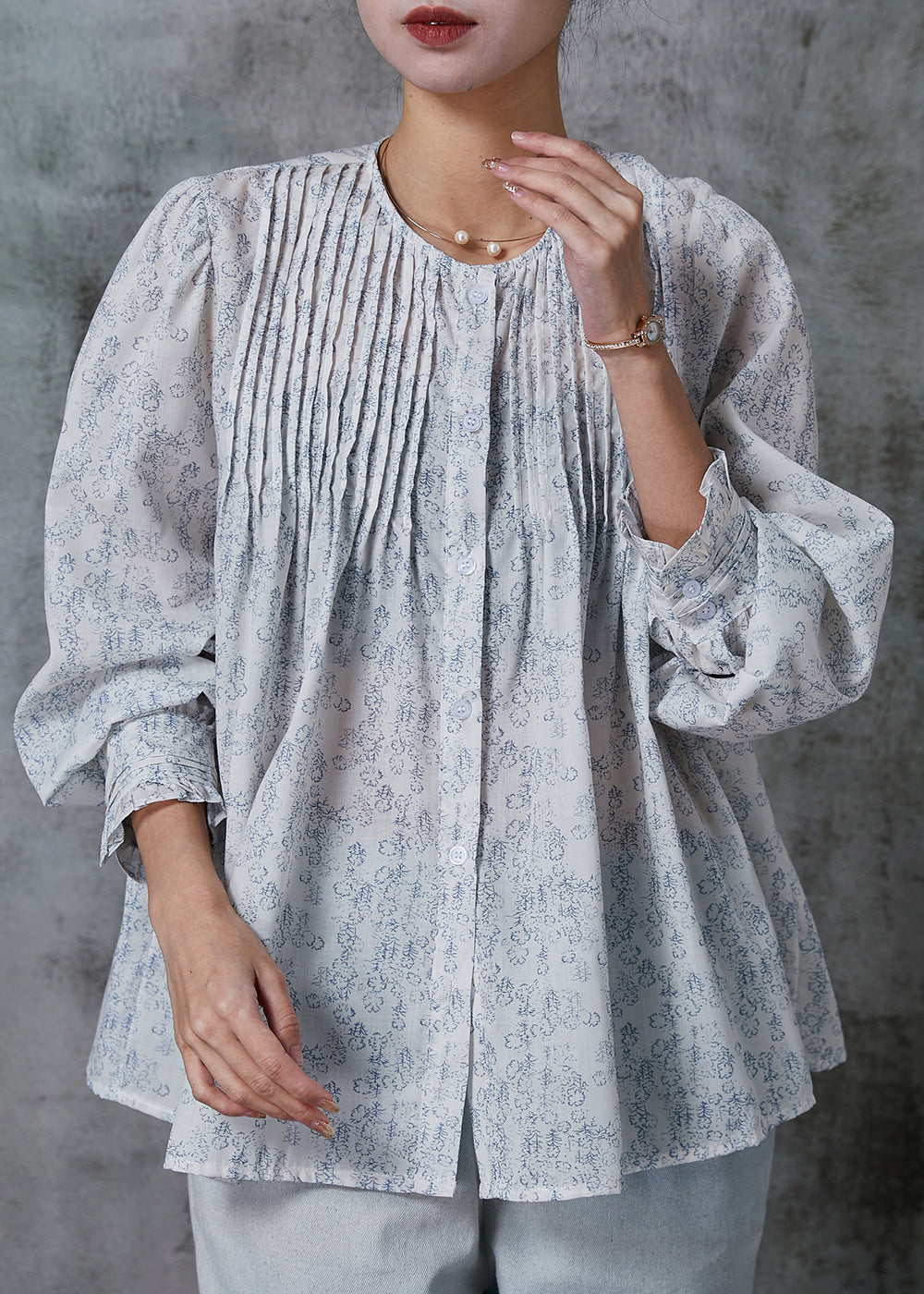 Women White Oversized Print Wrinkled Cotton Shirt Top Spring