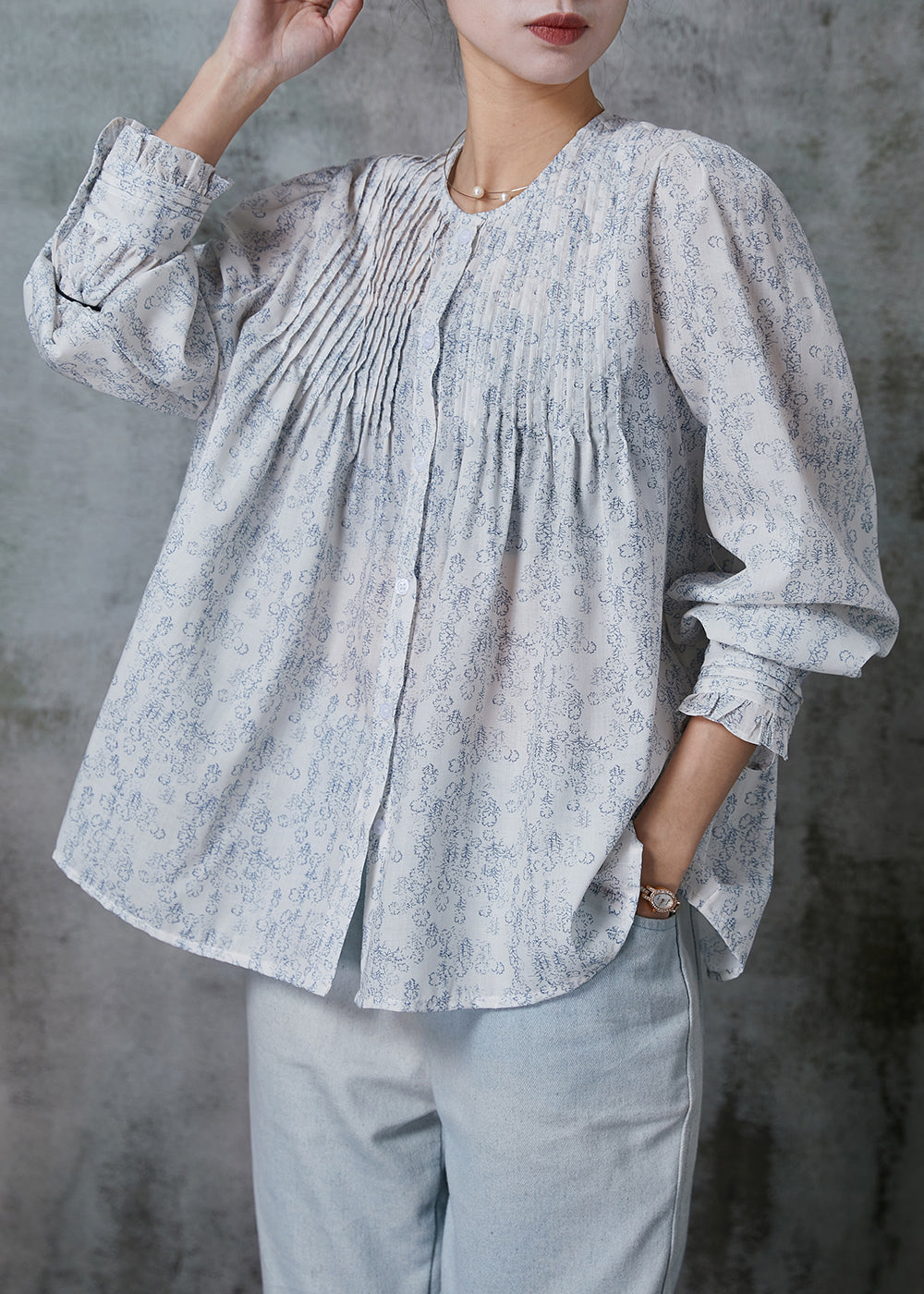 Women White Oversized Print Wrinkled Cotton Shirt Top Spring