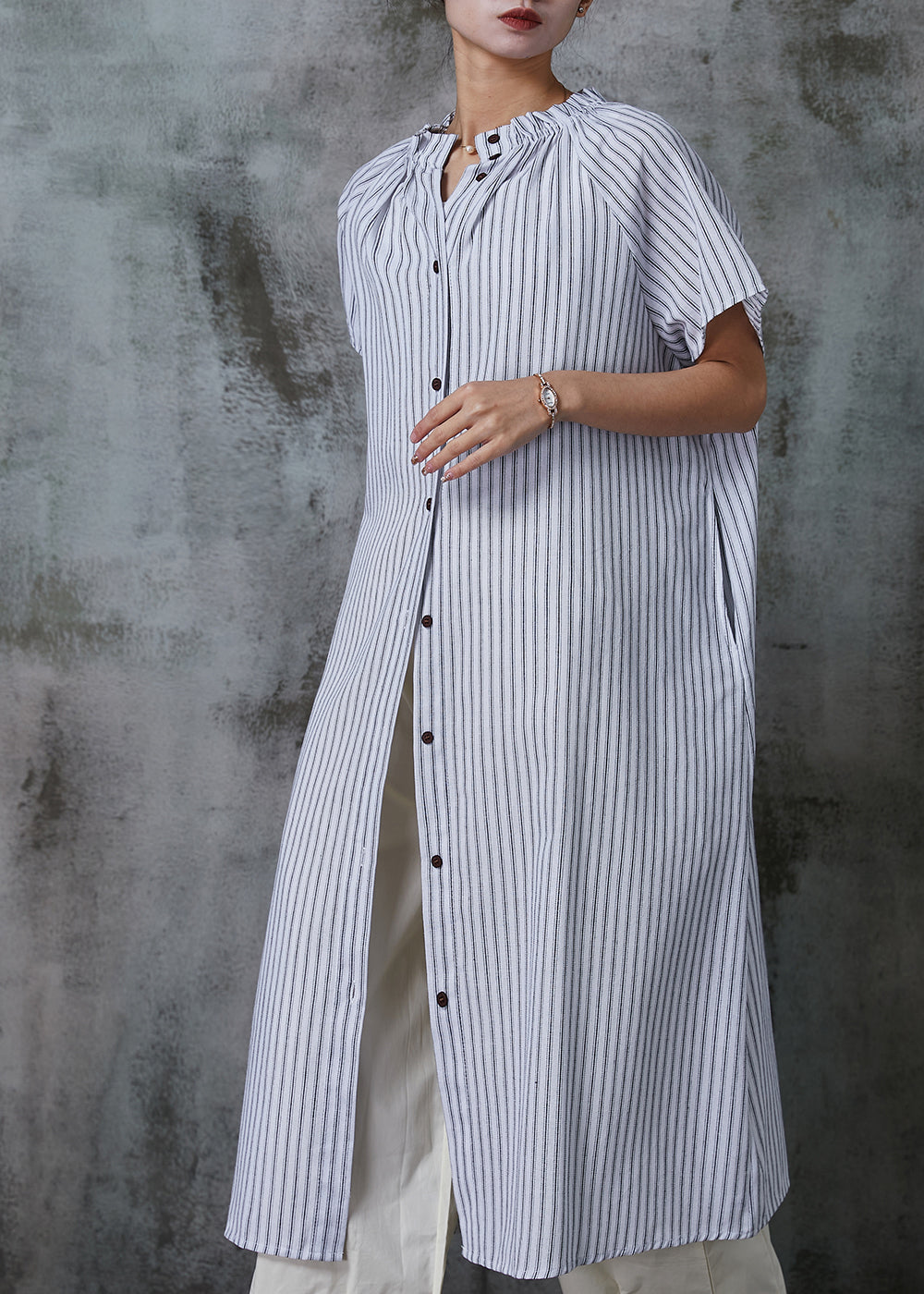 Women White Oversized Striped Cotton Shirt Dresses Summer