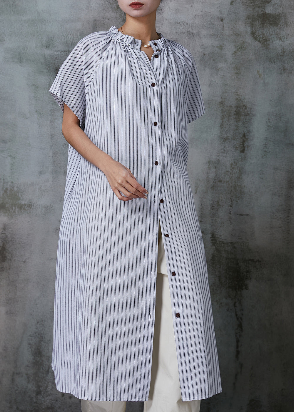 Women White Oversized Striped Cotton Shirt Dresses Summer