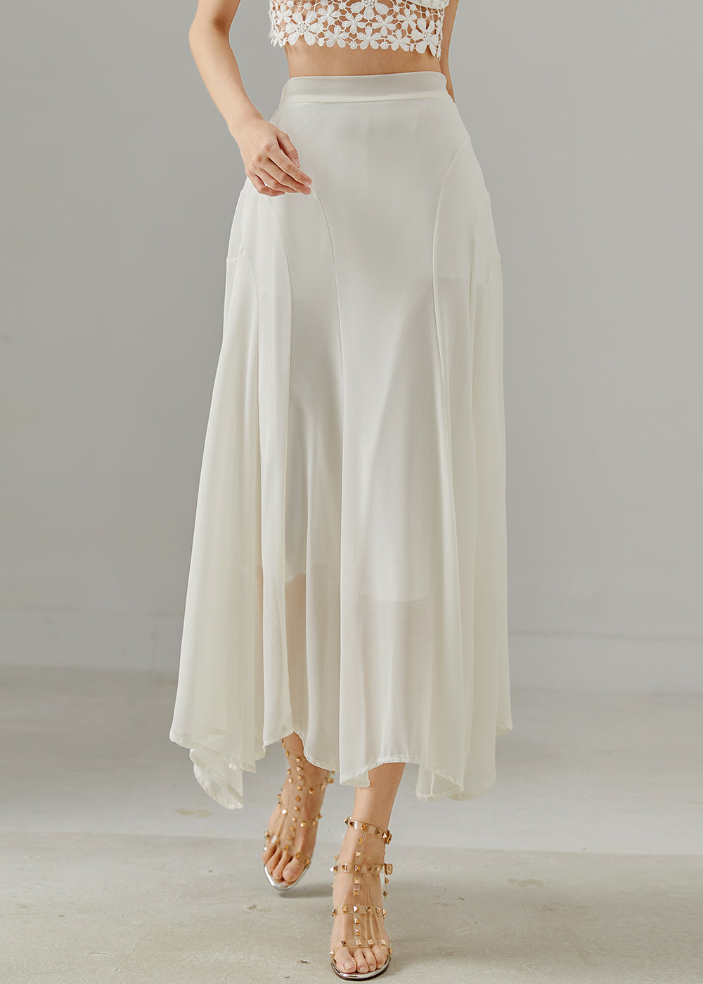 Women White Patchwork Draping Chiffon Skirts Summer