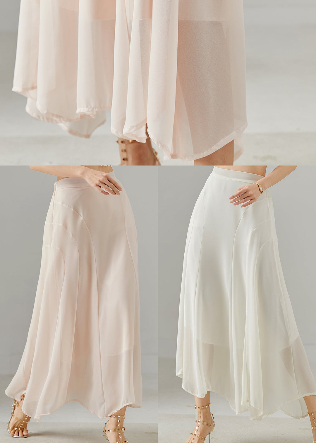 Women White Patchwork Draping Chiffon Skirts Summer