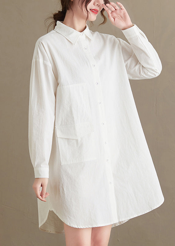 Women White Peter Pan Collar Pockets Cotton Shirt Top Fall