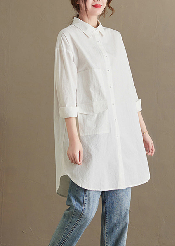 Women White Peter Pan Collar Pockets Cotton Shirt Top Fall