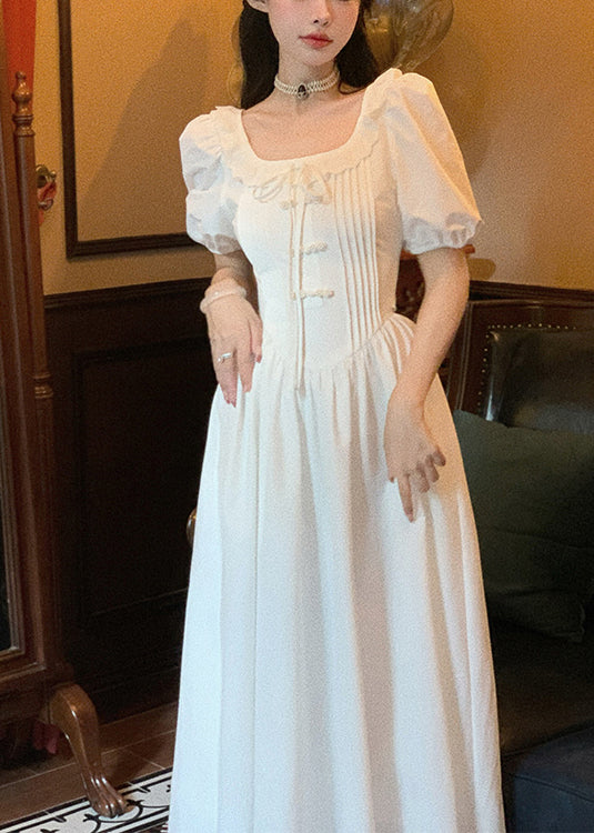 Women White Ruffled Solid Cotton Long Dress Summer