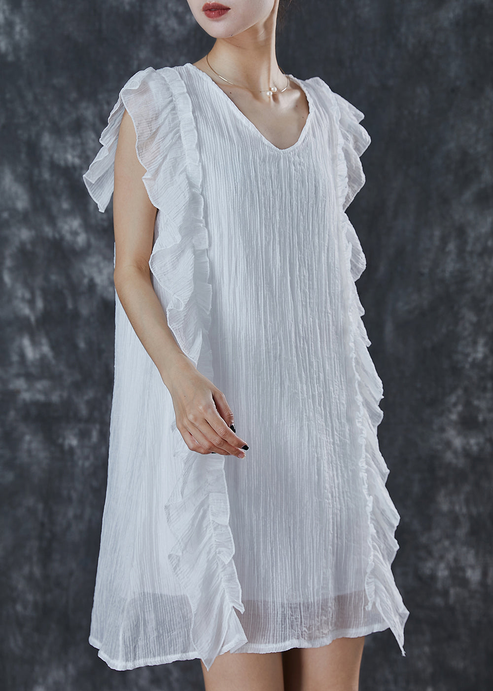 Women White Ruffles Patchwork Chiffon Work Dress Summer