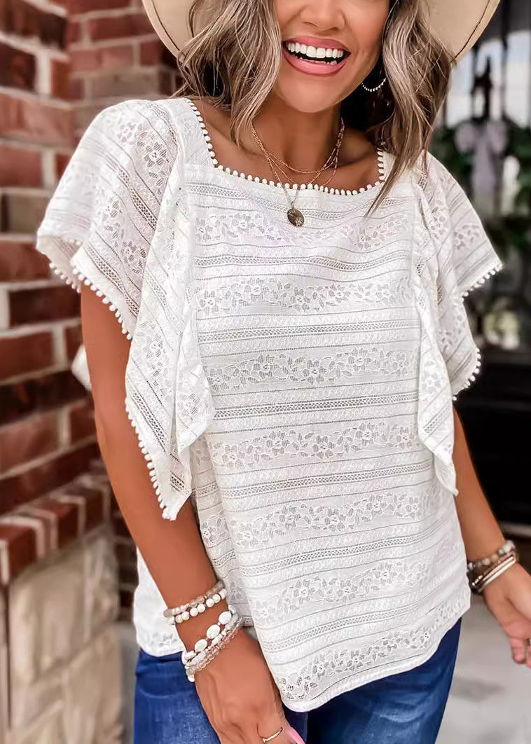 Women White Square Collar Hollow Out Lace Blouses Summer