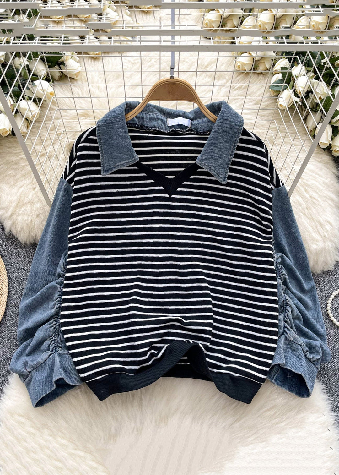 Women White Striped Wrinkled Patchwork Cotton Tops Fall