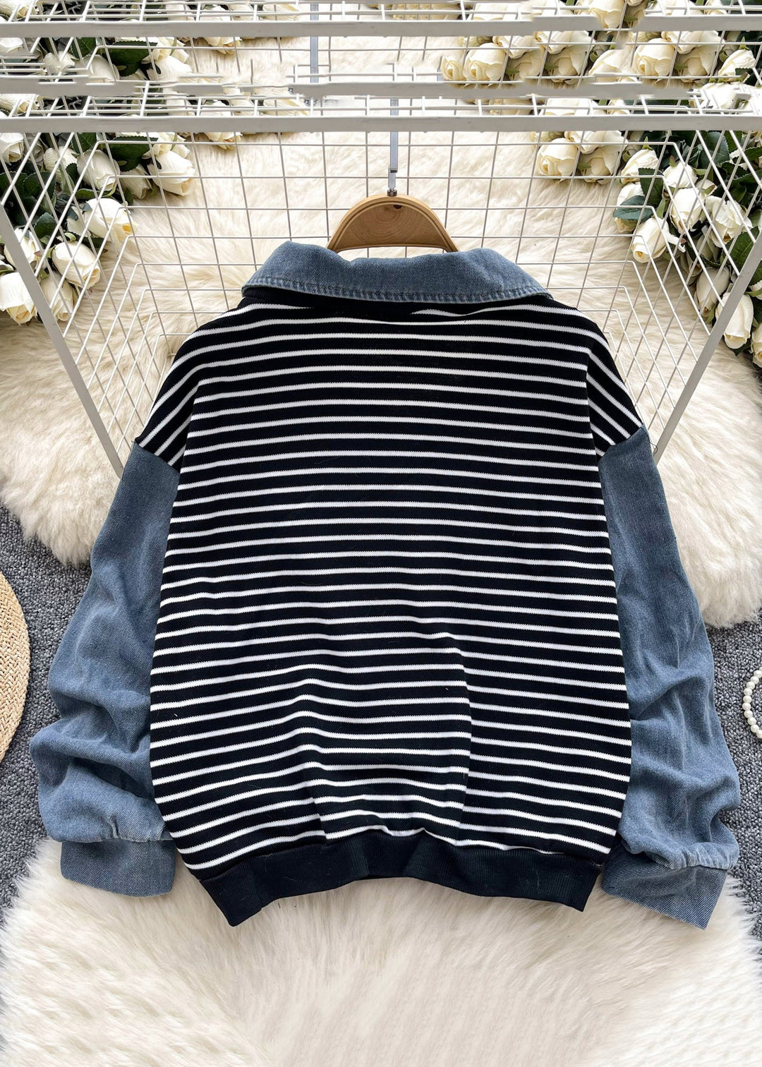 Women White Striped Wrinkled Patchwork Cotton Tops Fall