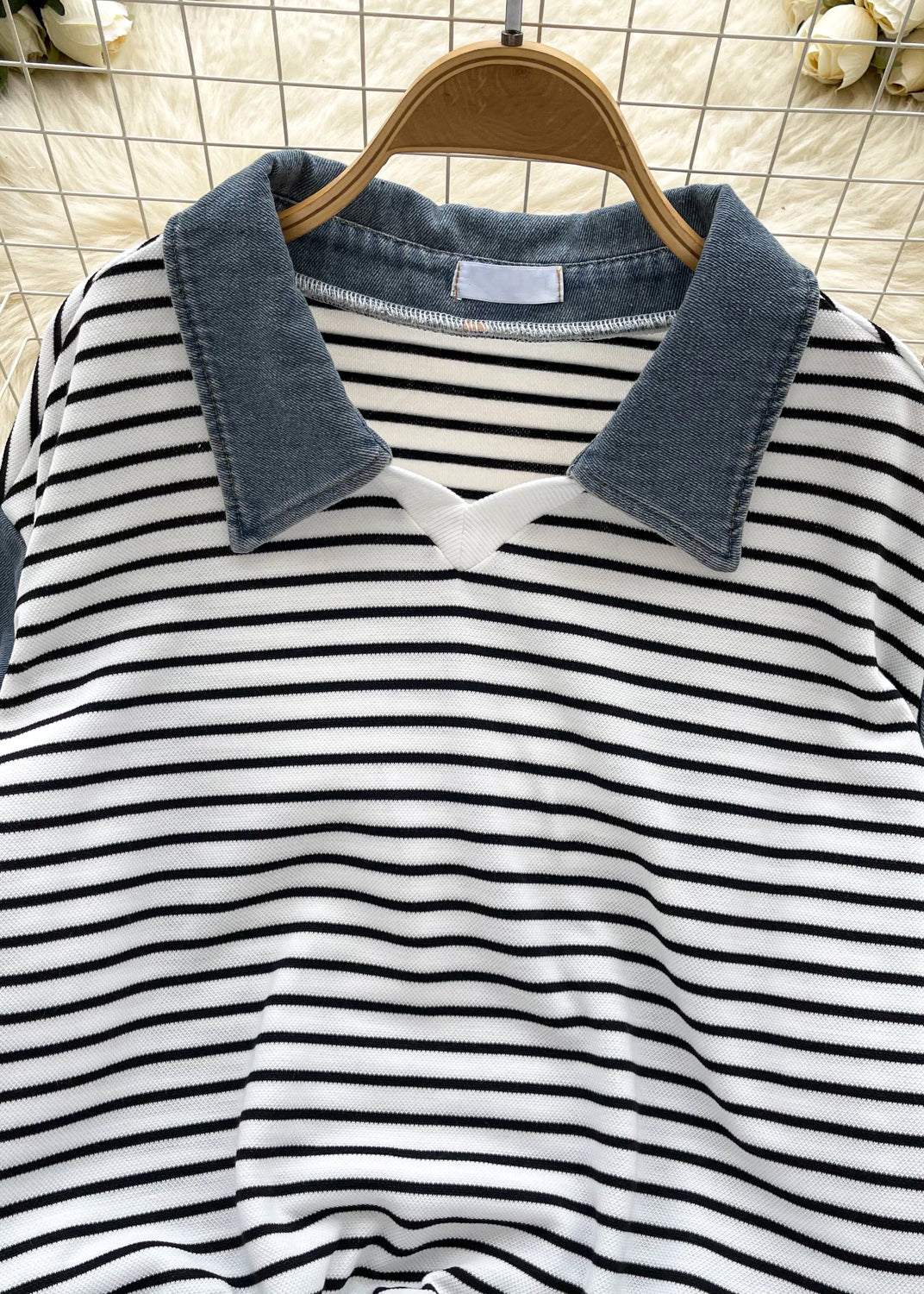 Women White Striped Wrinkled Patchwork Cotton Tops Fall