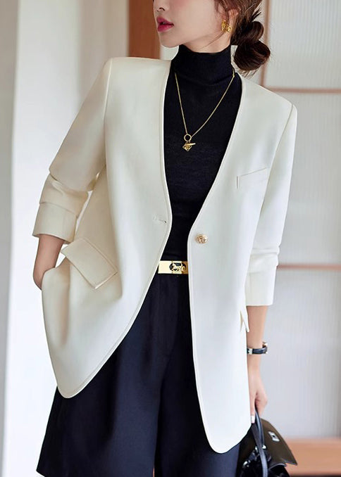 Women White V Neck Cotton Jackets Spring