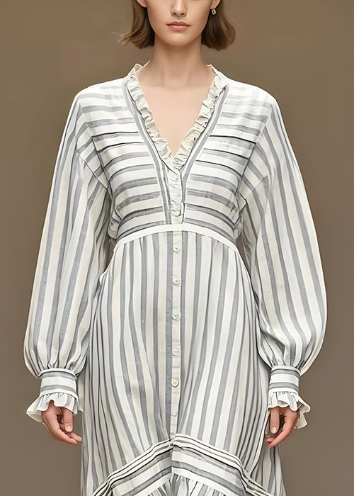 Women White V Neck Striped Silk Velvet Vacation Dresses Spring