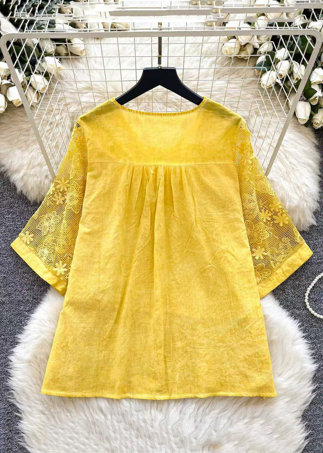 Women Yellow Embroidered Hollow Out Solid T Shirts Summer