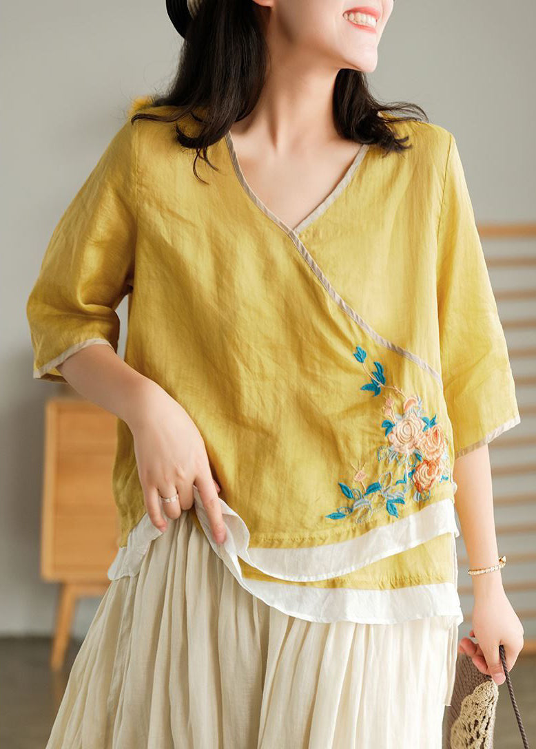 Women Yellow Embroidered Lace Up Linen T Shirt Half Sleeve