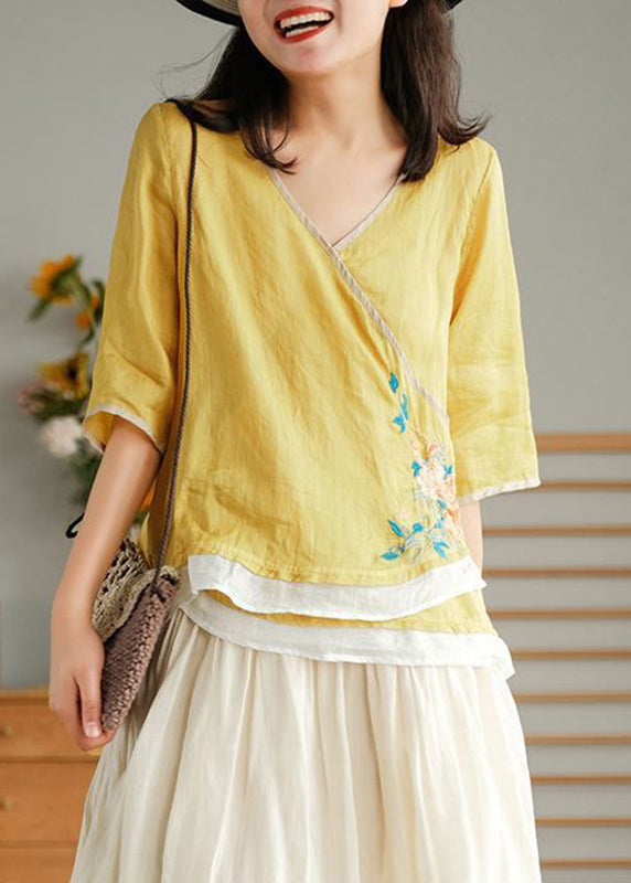 Women Yellow Embroidered Lace Up Linen T Shirt Half Sleeve