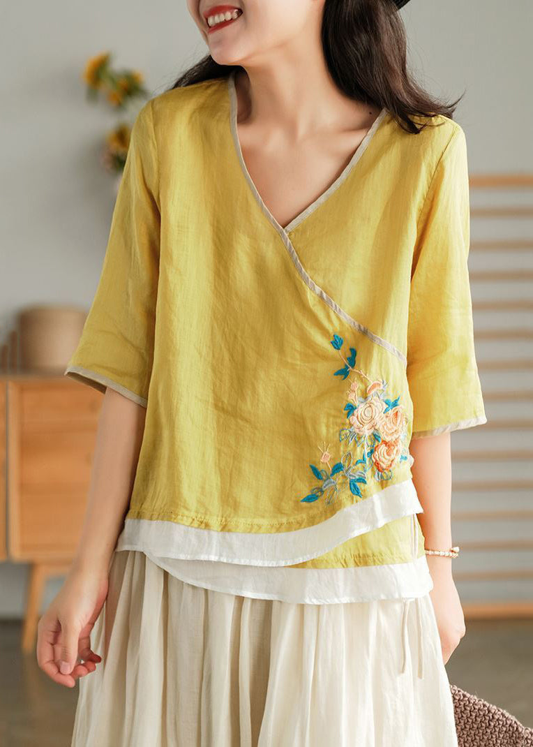 Women Yellow Embroidered Lace Up Linen T Shirt Half Sleeve