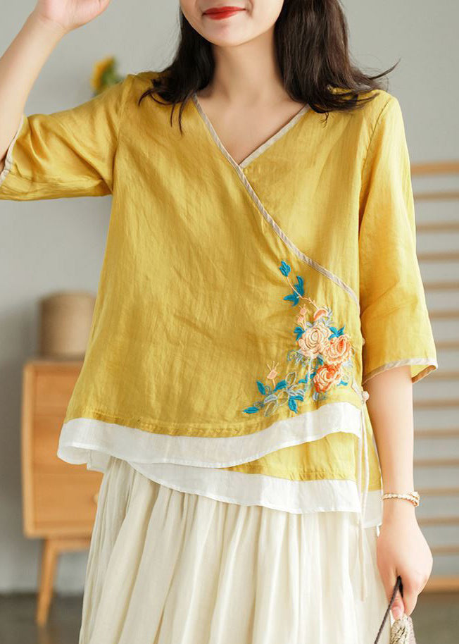 Women Yellow Embroidered Lace Up Linen T Shirt Half Sleeve