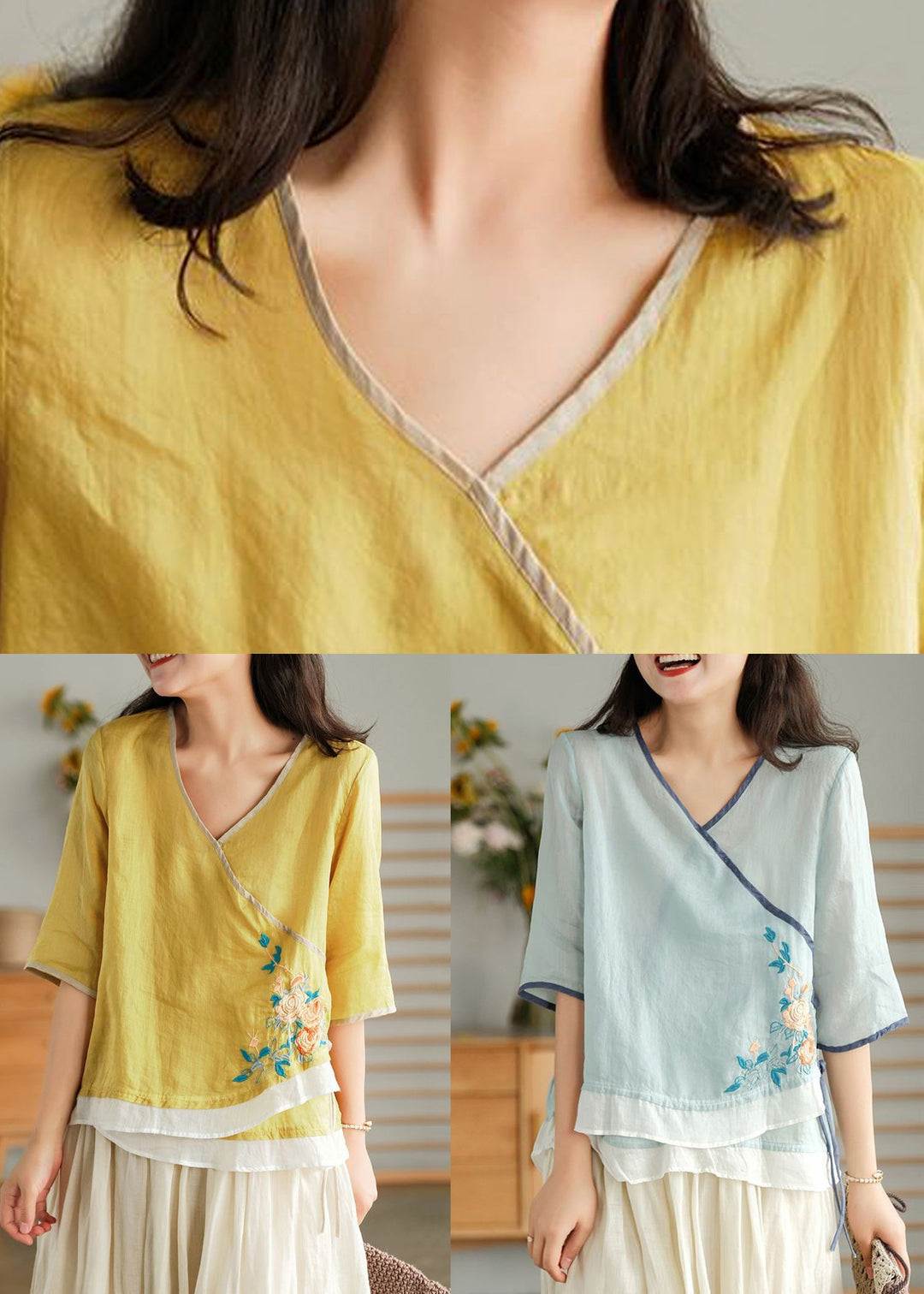 Women Yellow Embroidered Lace Up Linen T Shirt Half Sleeve