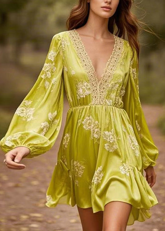 Women Yellow Green V Neck Print Patchwork Silk Mid Dresses Spring