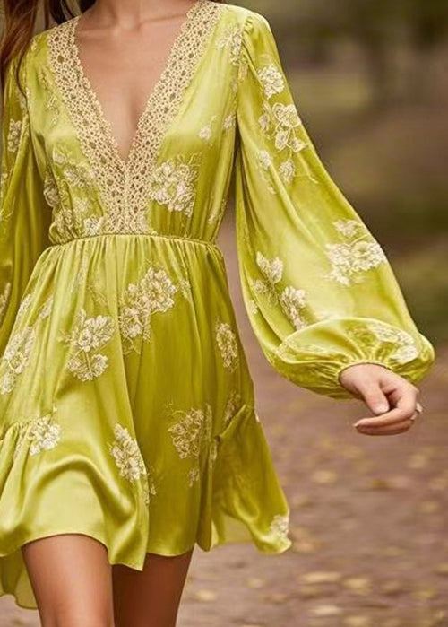 Women Yellow Green V Neck Print Patchwork Silk Mid Dresses Spring