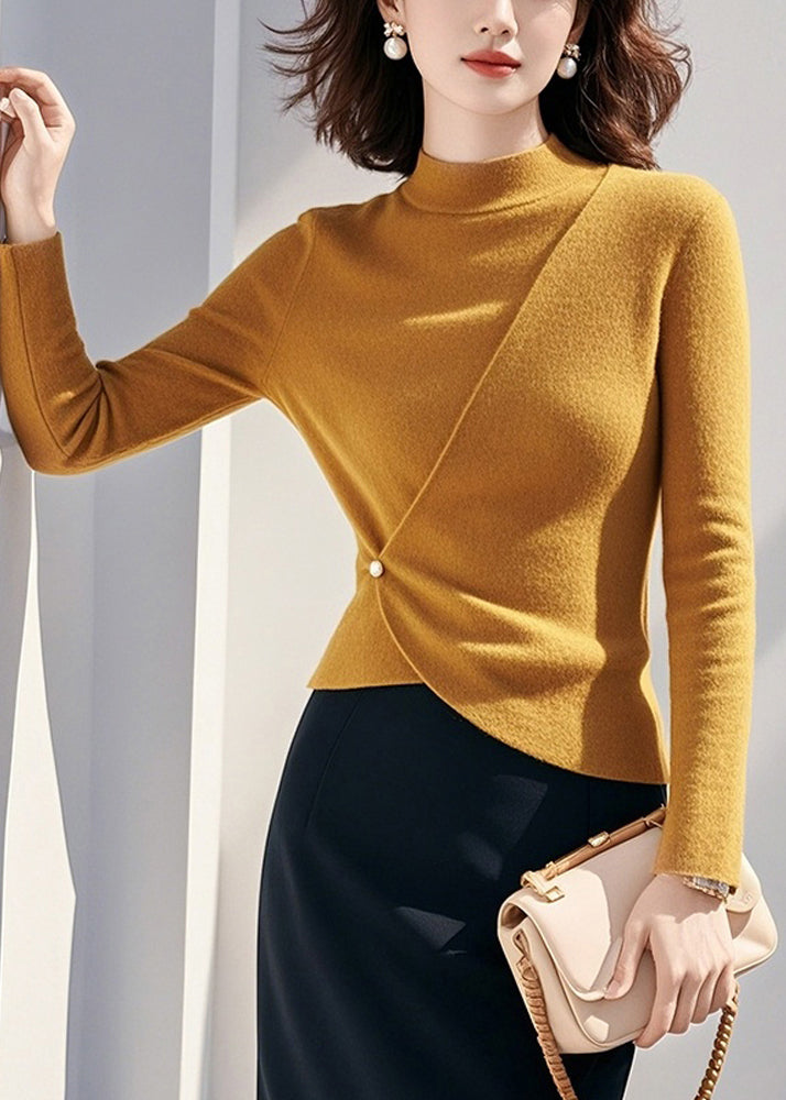 Women Yellow Half High Neck Asymmetrical Knit Sweaters Spring